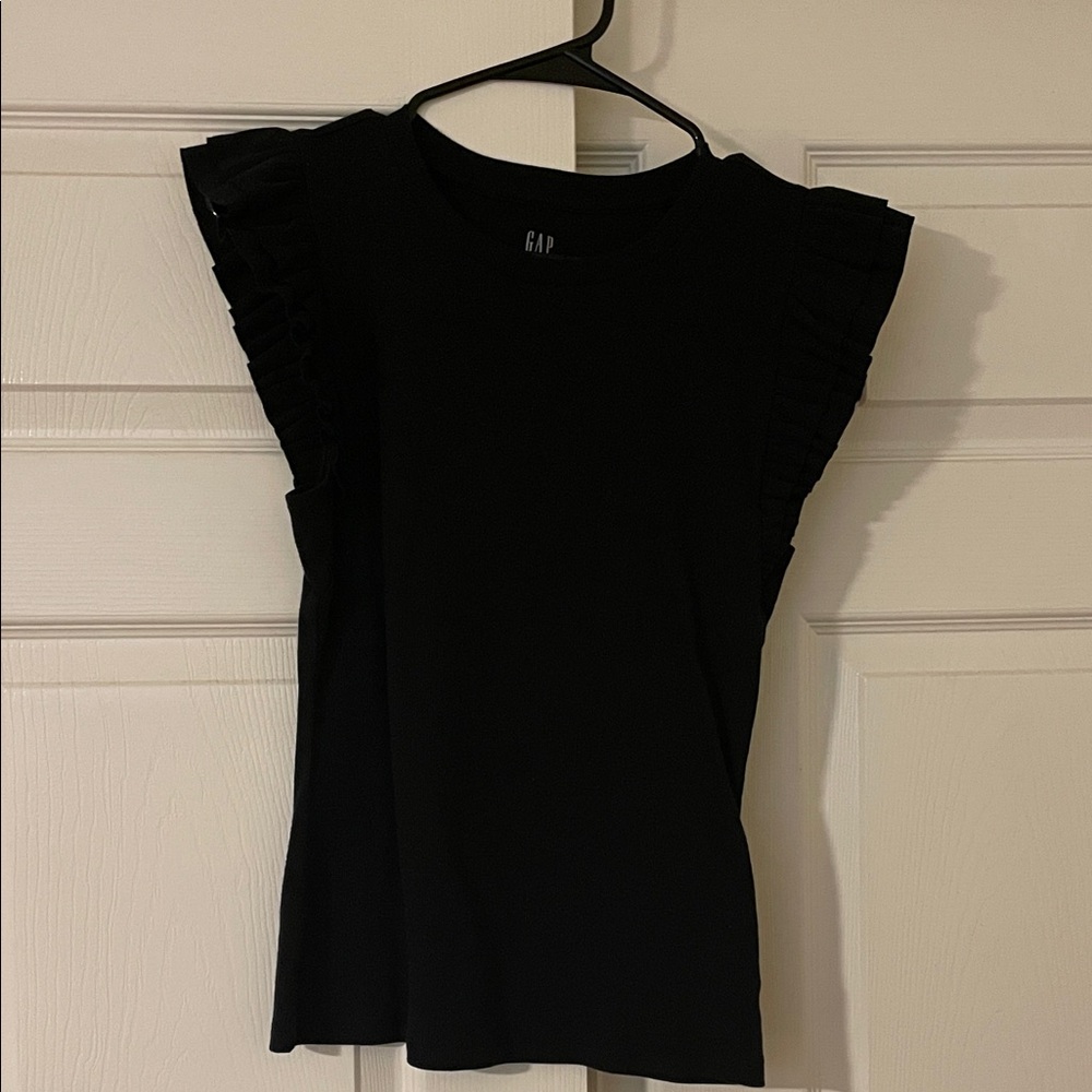 GAP Women's Black Short Sleeve Top with Ruffles full length, ribbed, stretchy